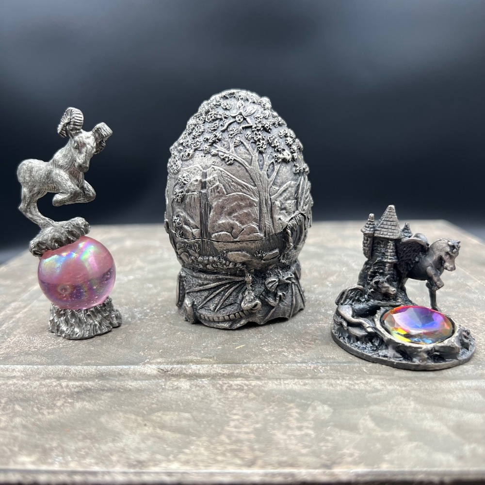 Vintage Tudor Mint Pewter Fantasy Figurines Pegasus Dragon Egg Ram 3pc Set